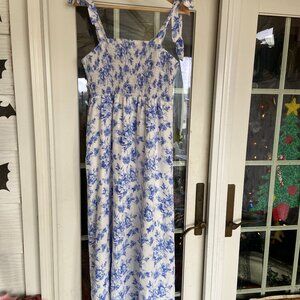 Adjustable Tie Strap Smocked Maxi Dress Blue and White Floral Romantic Boho L